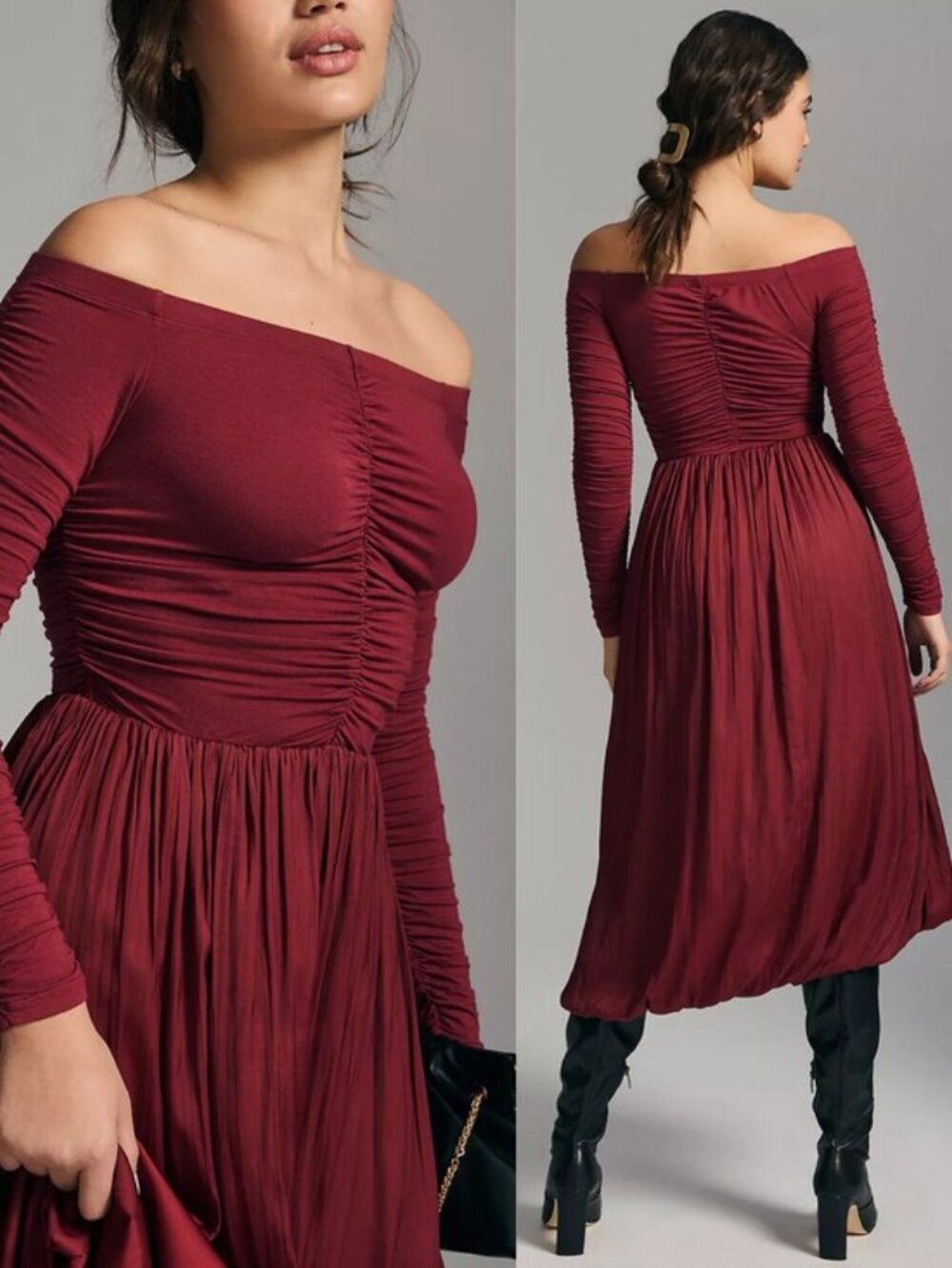 ANTHROPOLOGIE Red Ruched Bubble Hem Midi Dress Peasant Festival Renaissance Sz M
